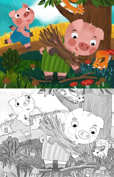 Tecknad Saga Scen Med Pin Pojke Naturen Nära Byn Illustration — Stockfoto