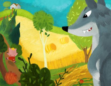 cartoon scene with wolf on the farm searching for pigs illustration