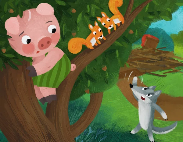 Cartoon Scene Wolf Farm Searching Pigs Illustration — Stockfoto
