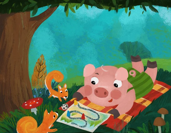 Cartoon Fairy Tale Scene Pig Boy Nature Playing Having Fun — Stock Photo, Image