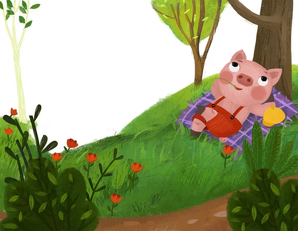 Cartoon Fairy Tale Scene Farm Pig Farmer Resting Tree Illustration — 图库照片