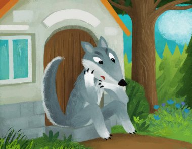 cartoon scene with bad wolf on the roof smiling and resting illustration