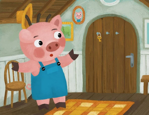 Cartoon Scene Pig Farmer Farm House Illustration — Stockfoto