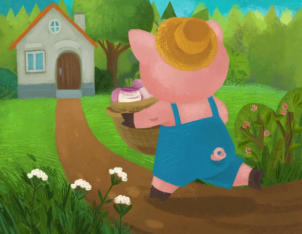 Cartoon Fairy Tale Scene Pin Boy Nature Village Illustration — Zdjęcie stockowe