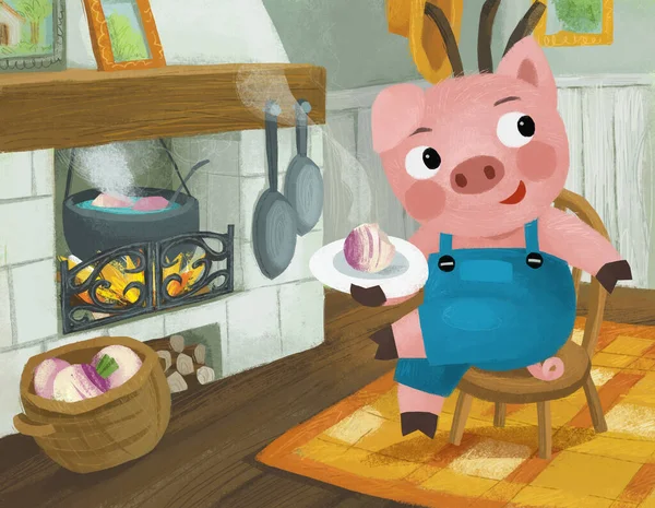 cartoon scene with pig farmer inside the farm house illustration