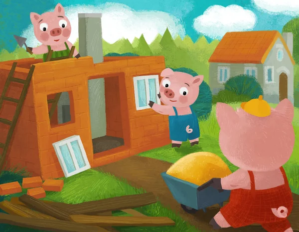 在农场工作的猪农的漫画场景田园诗般的插图 — 图库照片