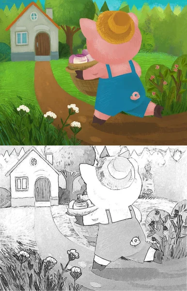 Cartoon Fairy Tale Scene Pin Boy Nature Village Illustration — Stock Photo, Image
