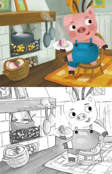 cartoon scene with pig farmer inside the farm house illustration
