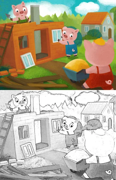 Escena Dibujos Animados Con Granjero Cerdos Trabajando Granja Rancho Ilustración —  Fotos de Stock