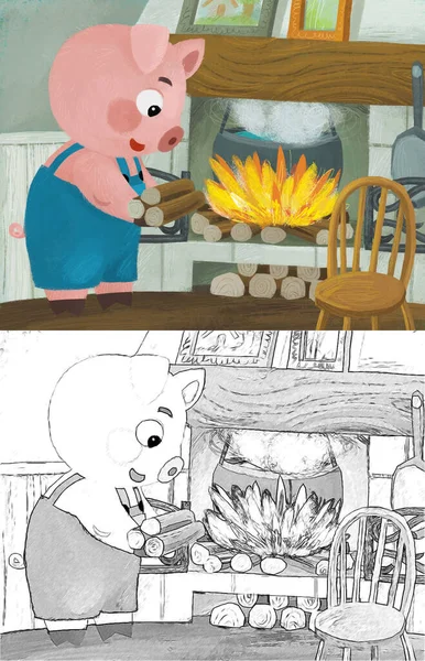 Cartoon Scene Pig Farmer Farm House Illustration — Photo