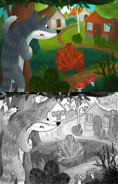 Cartoon Scene Wolf Farm Seeking Farmer Pigs Illustration — Stok fotoğraf