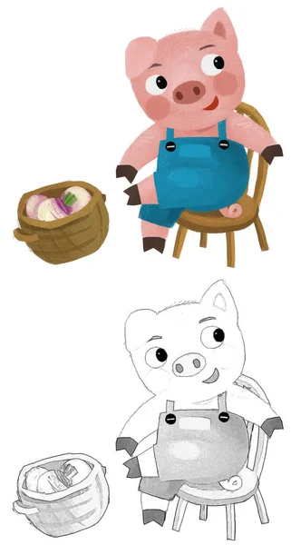 Cartoon Scene Farmer Funnt Pig Rancher Isolated Illustration Sketch — Foto Stock