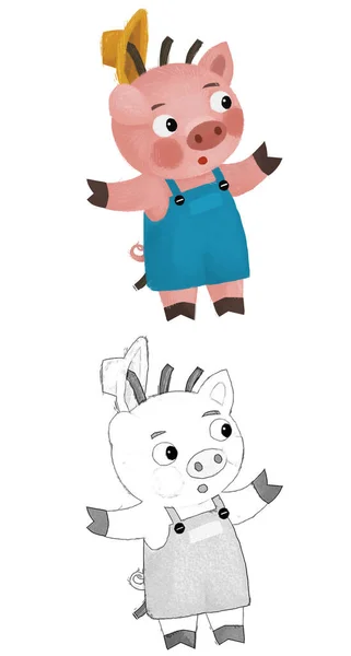 Cartoon Scene Farmer Funnt Pig Rancher Isolated Illustration Sketch — Photo