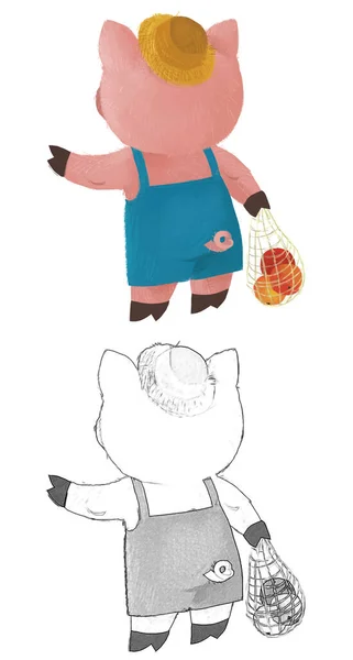 Cartoon Scene Farmer Funnt Pig Rancher Isolated Illustration Sketch — Stok fotoğraf