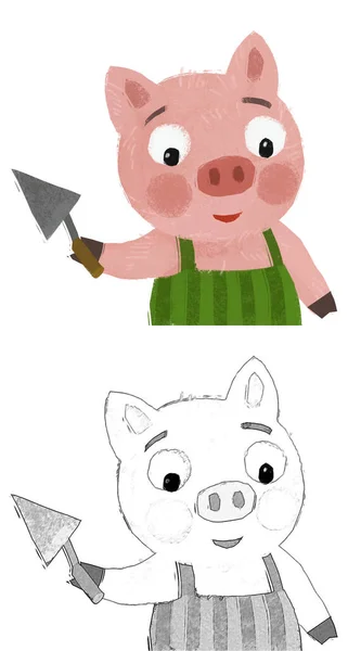 Cartoon Scene Farmer Funnt Pig Rancher Isolated Illustration Sketch — Stock Photo, Image