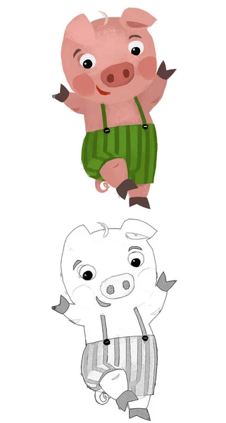Cartoon Scene Farmer Funnt Pig Rancher Isolated Illustration Sketch — Stok fotoğraf