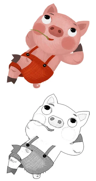 Cartoon Scene Farmer Funnt Pig Rancher Isolated Illustration Sketch — Stockfoto