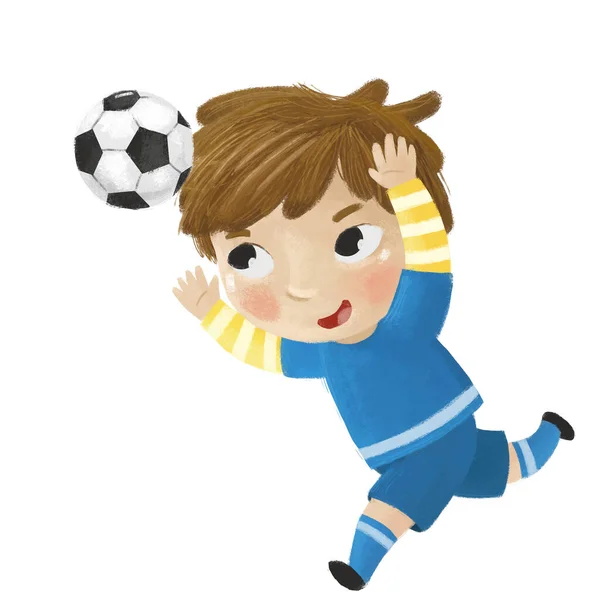 Escena Dibujos Animados Con Niño Jugando Fútbol Pelota Deportiva Fútbol —  Fotos de Stock