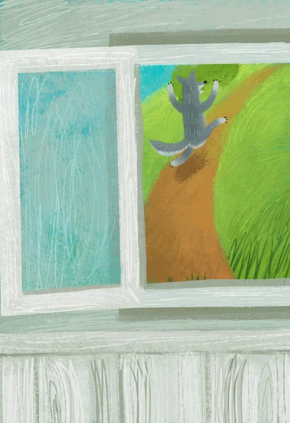 Cartoon Scene Window Wooden House Illustration — Foto de Stock