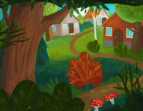 为孩子们准备的带有花园插图的农舍的卡通片 — 图库照片