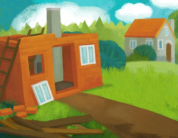 cartoon scene with farm house in garden illustration for kids