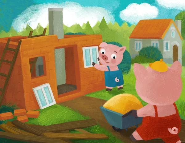 cartoon scene with farmer pigs working and building house illustration