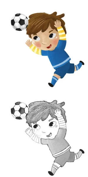 Escena Dibujos Animados Con Niño Jugando Fútbol Pelota Deporte Futbolín — Foto de Stock