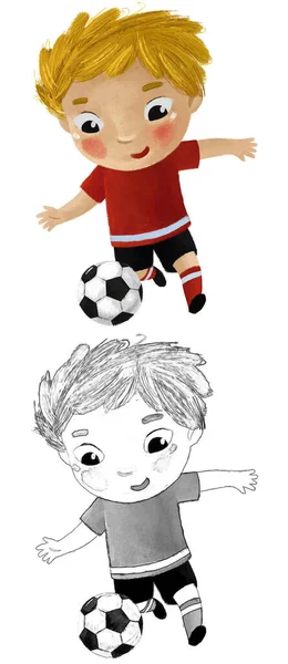 Kreslená Scéna Klukem Který Hraje Fotbal Ilustrační Skica — Stock fotografie