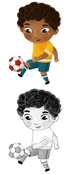 Cartoon Scene Kid Playing Sport Ball Soccer Footbal Illustration Sketch — Stock Photo, Image