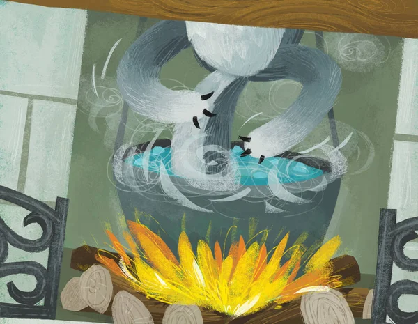 Cartoon Scene Fireplace Kitchen Illustration — Stock Photo, Image