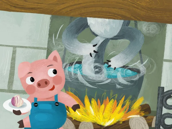 Cartoon Scene Pig Wolf Kitchen Fireside Fireplace Illustration — Stock Photo, Image
