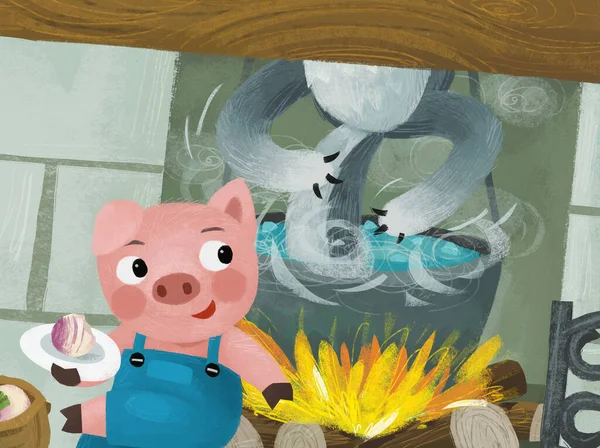 Cartoon Scene Pig Wolf Kitchen Fireside Fireplace Illustration — Stock Photo, Image