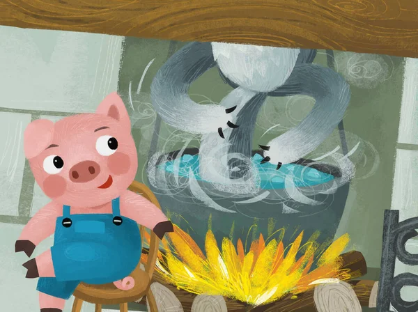 stock image cartoon scene with pig and wolf in the kitchen near the fireside fireplace illustration