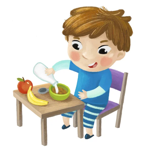 cartoon scene with boy eating healthy breakfast illustration