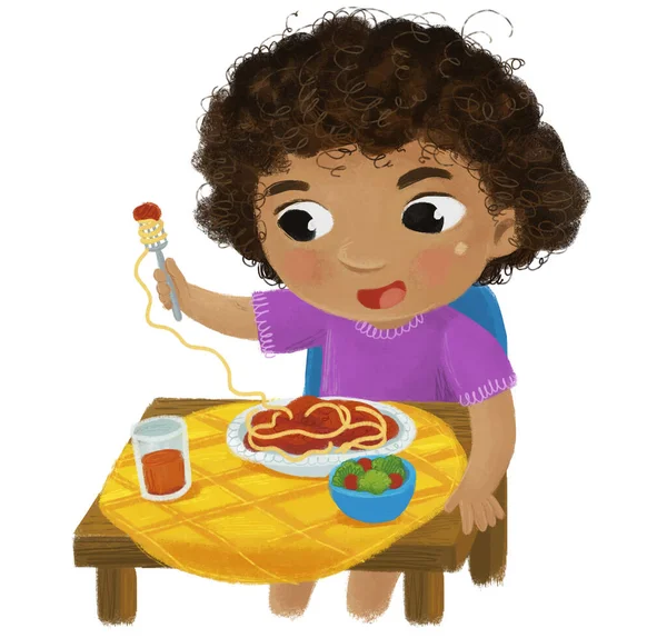 Cena Dos Desenhos Animados Com Menina Comendo Saudável Jantar Ilustração — Fotografia de Stock