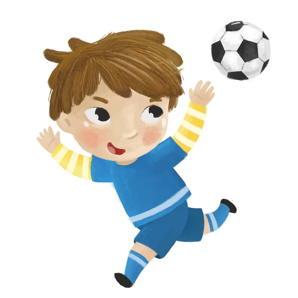 Cena Dos Desenhos Animados Com Criança Jogando Futebol Bola Esporte — Fotografia de Stock