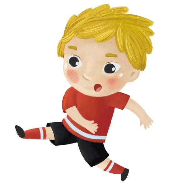 Escena Dibujos Animados Con Niño Jugando Fútbol Pelota Deporte Corriendo —  Fotos de Stock