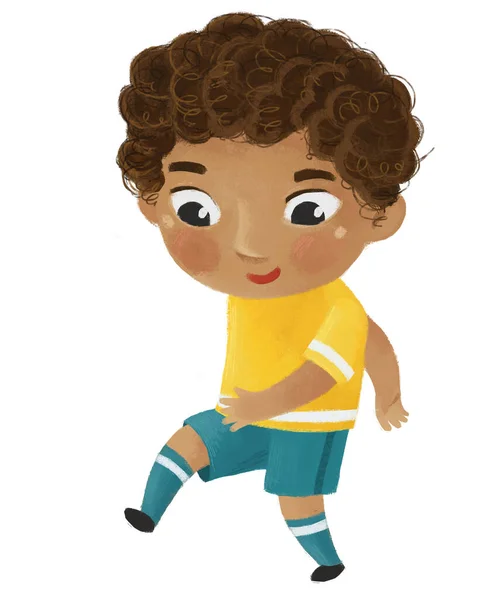cartoon scene with kid playing running sport ball soccer football hobby - illustration for kids