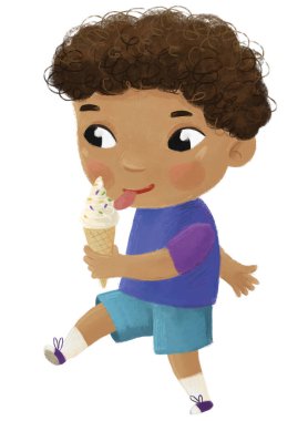 Çocukların lezzetli tatlı resimlerini yiyen bir çocukla çizgi film sahnesi.