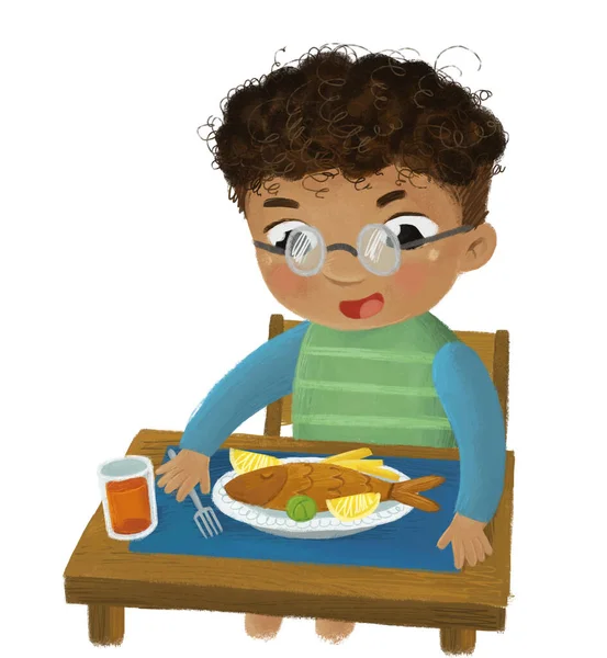 Escena Dibujos Animados Con Niño Comiendo Ilustración Cena Saludable —  Fotos de Stock