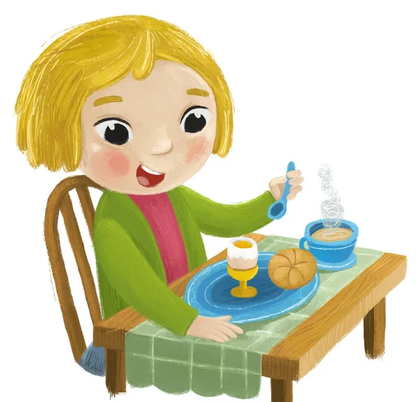cartoon scene with boy eating healthy breakfast egg illustration for kids