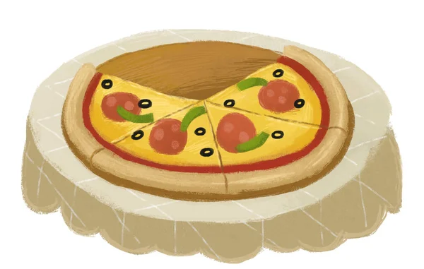Cena Dos Desenhos Animados Com Comida Pizza Para Jantar Mesa — Fotografia de Stock
