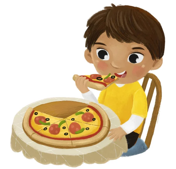 stock image cartoon scene with boy eating pizza for dinner illustration for kids