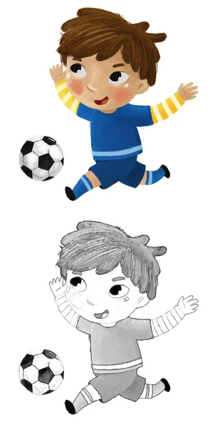 Escena Dibujos Animados Con Niños Jugando Fútbol Pelota Deporte Corriendo — Foto de Stock
