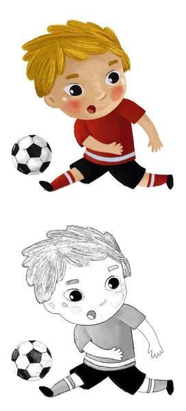 Scena Dei Cartoni Animati Con Bambino Che Gioca Calcio Con — Foto Stock