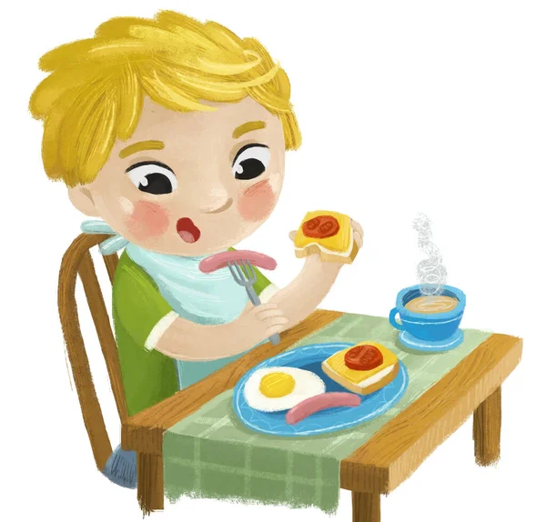 Cartoon Scene Boy Little Kid Eating Healthy Breakfast Illustration Kids — Stock Photo, Image