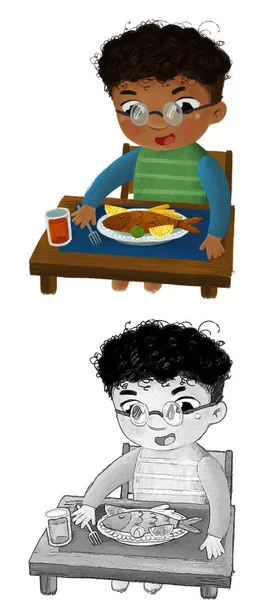 Kreslené Scény Chlapcem Jíst Zdravou Večeři Smažené Ryby Ilustrace Pro — Stock fotografie