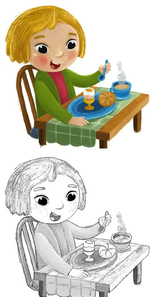 cartoon scene with girl little lady eating healthy breakfast illustration for kids sketch