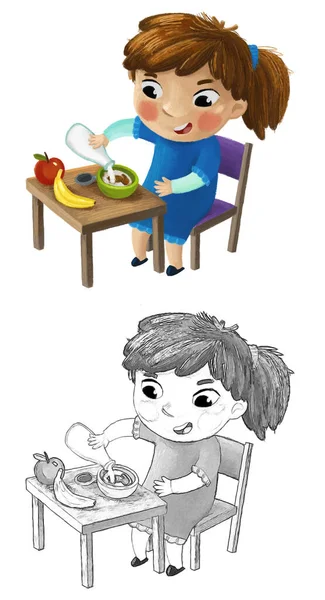 Kreskówka Scena Dziewczyna Jedzenie Zdrowe Śniadanie Ilustracja Dla Dzieci Skecz — Zdjęcie stockowe