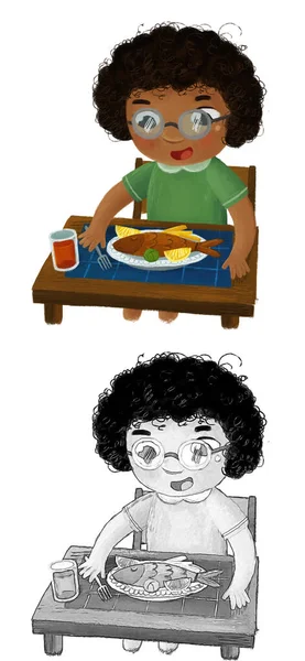 Escena Dibujos Animados Con Chica Comiendo Cena Saludable Pescado Frito —  Fotos de Stock